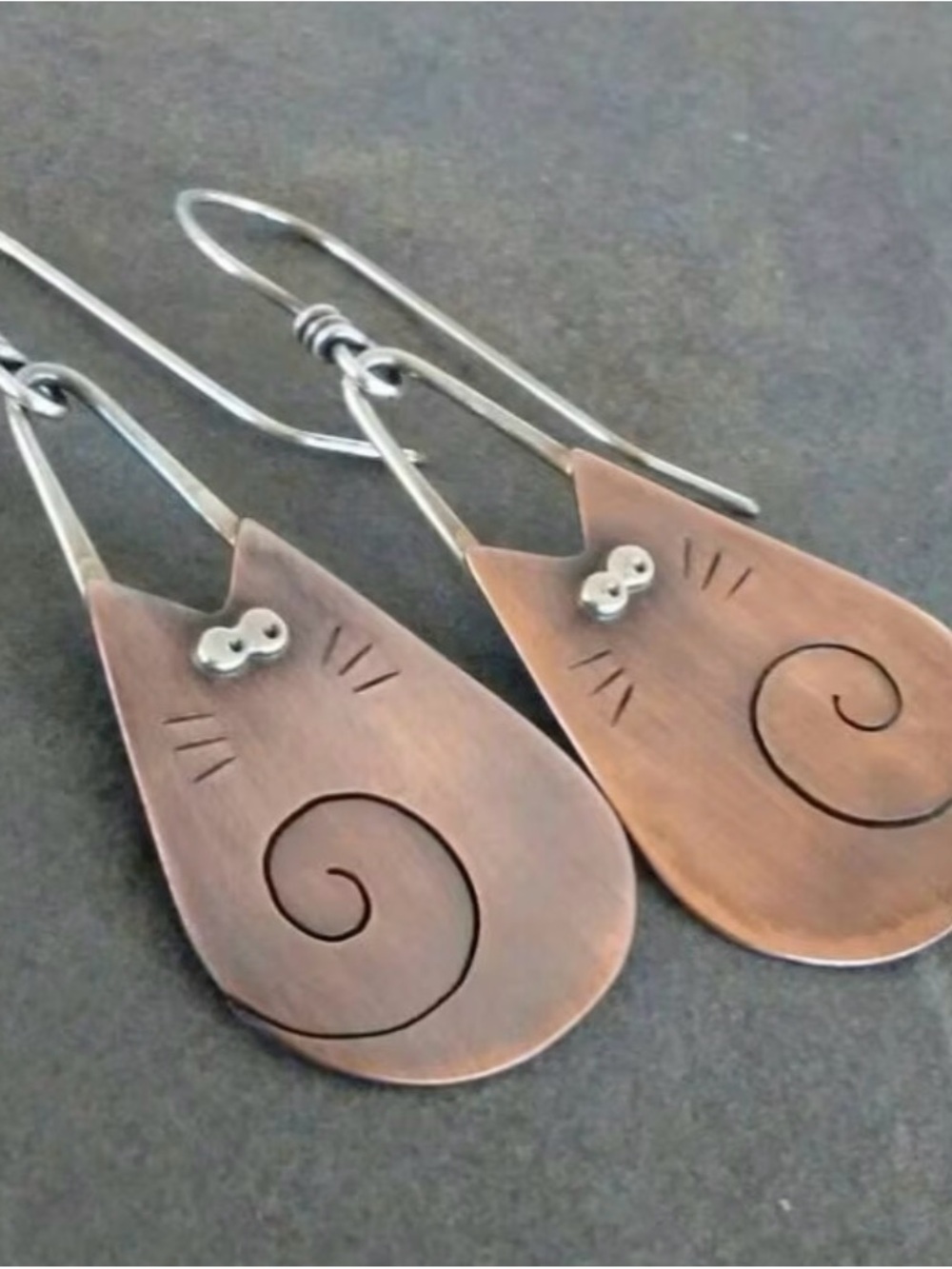 Handcrafted Copper Cat Teardrop Earrings - Copper
